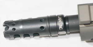 LANTAC’s 556 Dragon Brake; you can see the four ports on top which mitigate muzzle rise and the side ports to stabilize movement. This is a brake that works.