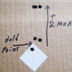 This target illustrates six individual changes in elevation. The SOD tracked well in this limited test. The point of impact returned to the zero after each 2MOA elevation change. 