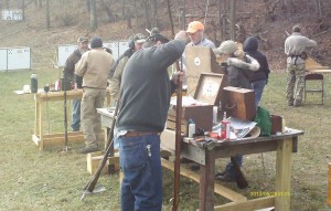 Competitors preparing for the Turkey shoot on the Saturday before Thanksgiving. 