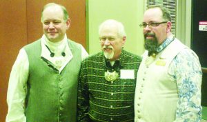 Left to right: HCH 2018 Guildmaster Carl Dumke with newly raised Master Horner Rex Reddick and Guildmaster elect John DeWalt.